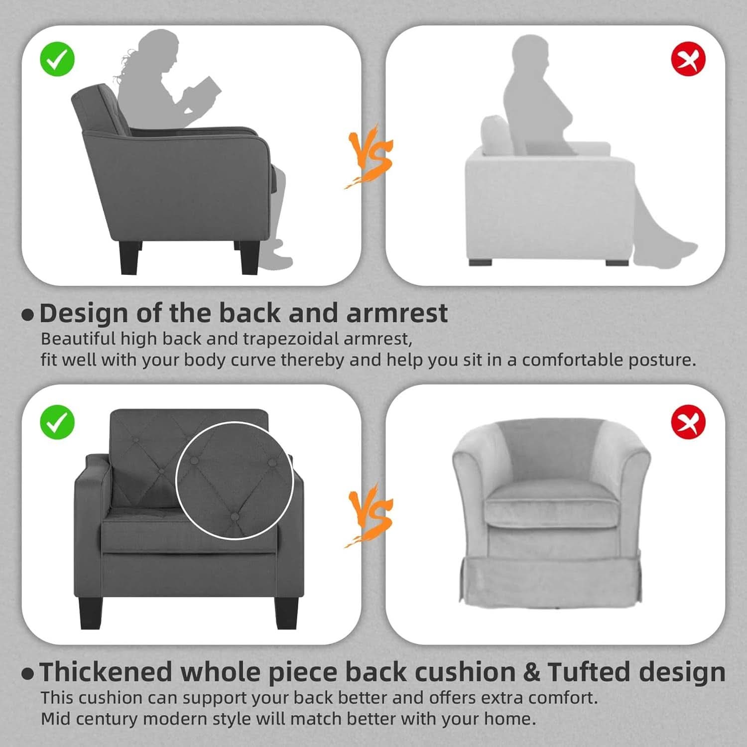 Grey Tufted Upholstered Contemporary Armchairs Set