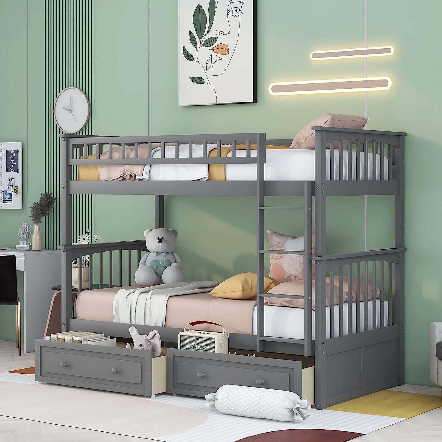 Grey Twin Bunk Bed With Storage Drawers Safety Rail