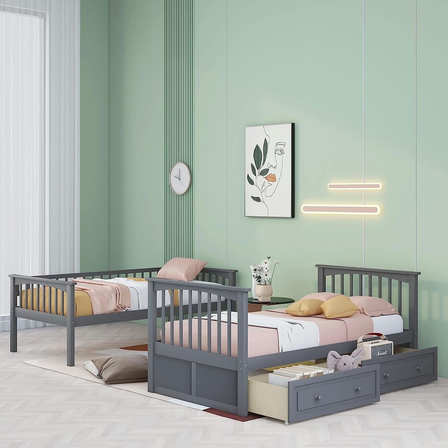 Grey Twin Bunk Bed With Storage Drawers Safety Rail