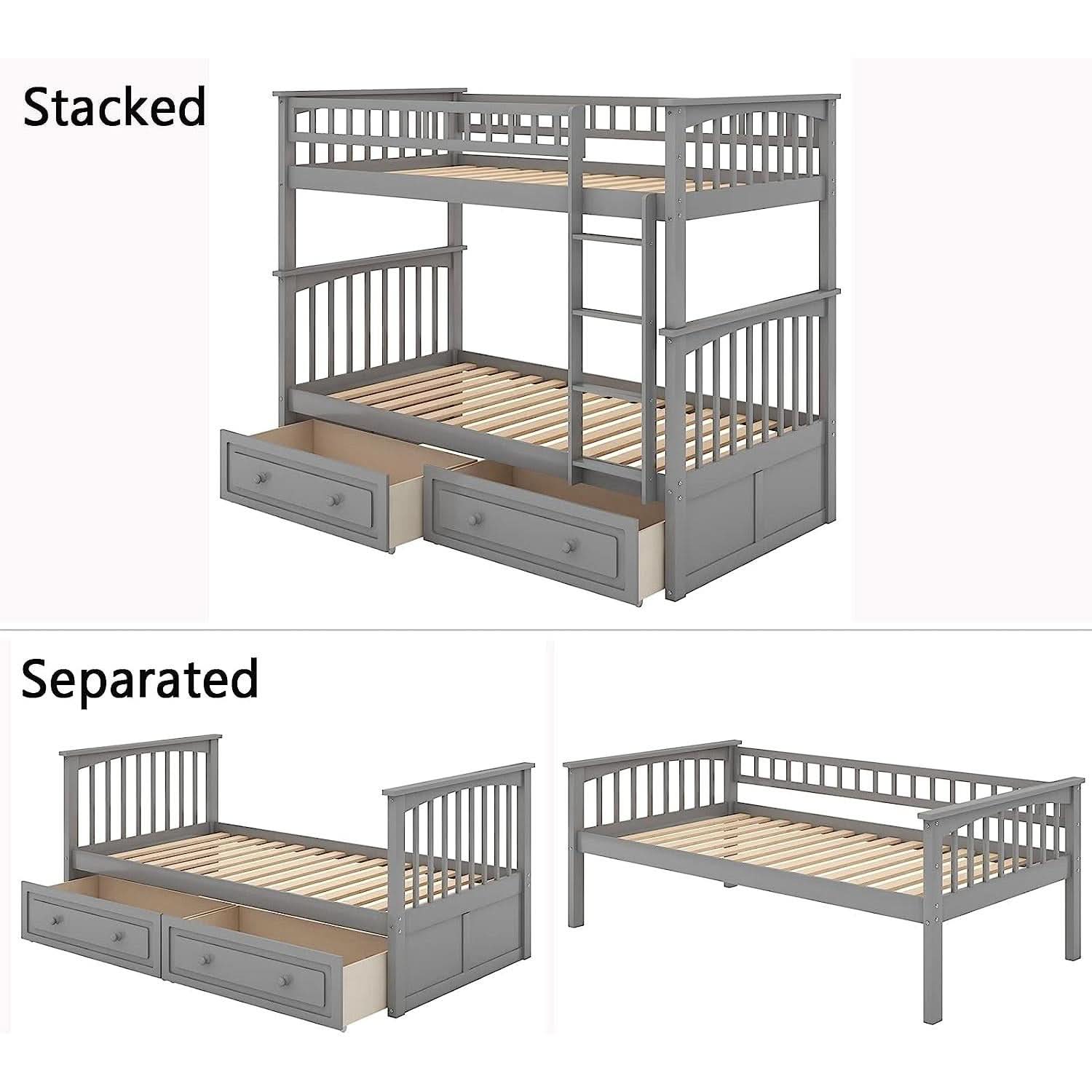 Grey Twin Bunk Bed With Storage Drawers Safety Rail