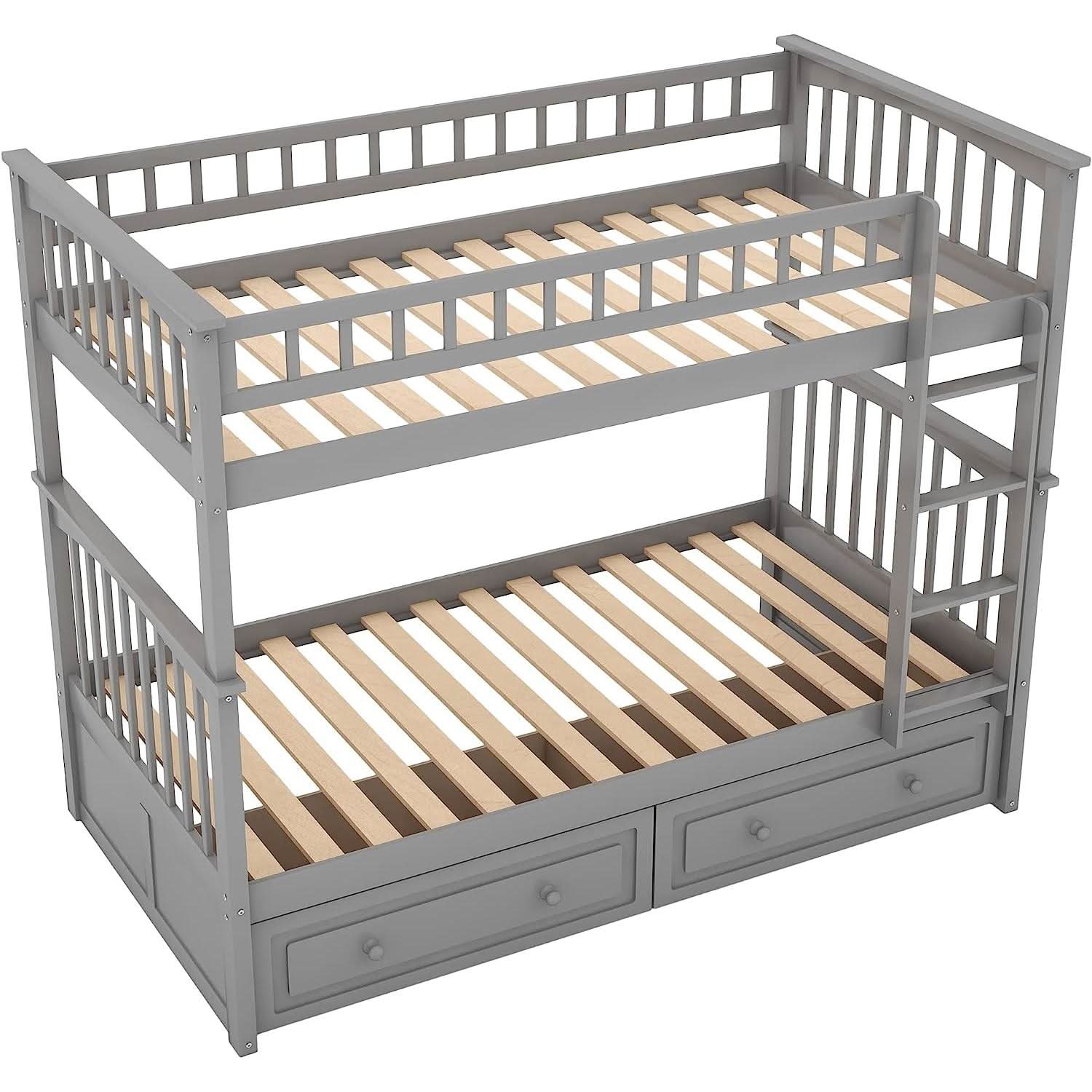 Grey Twin Bunk Bed With Storage Drawers Safety Rail