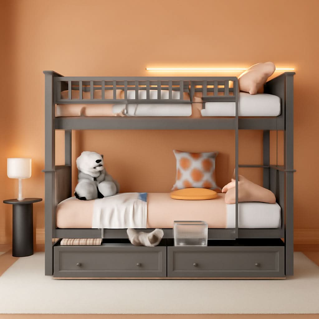 Grey Twin Bunk Bed With Storage Drawers Safety Rail