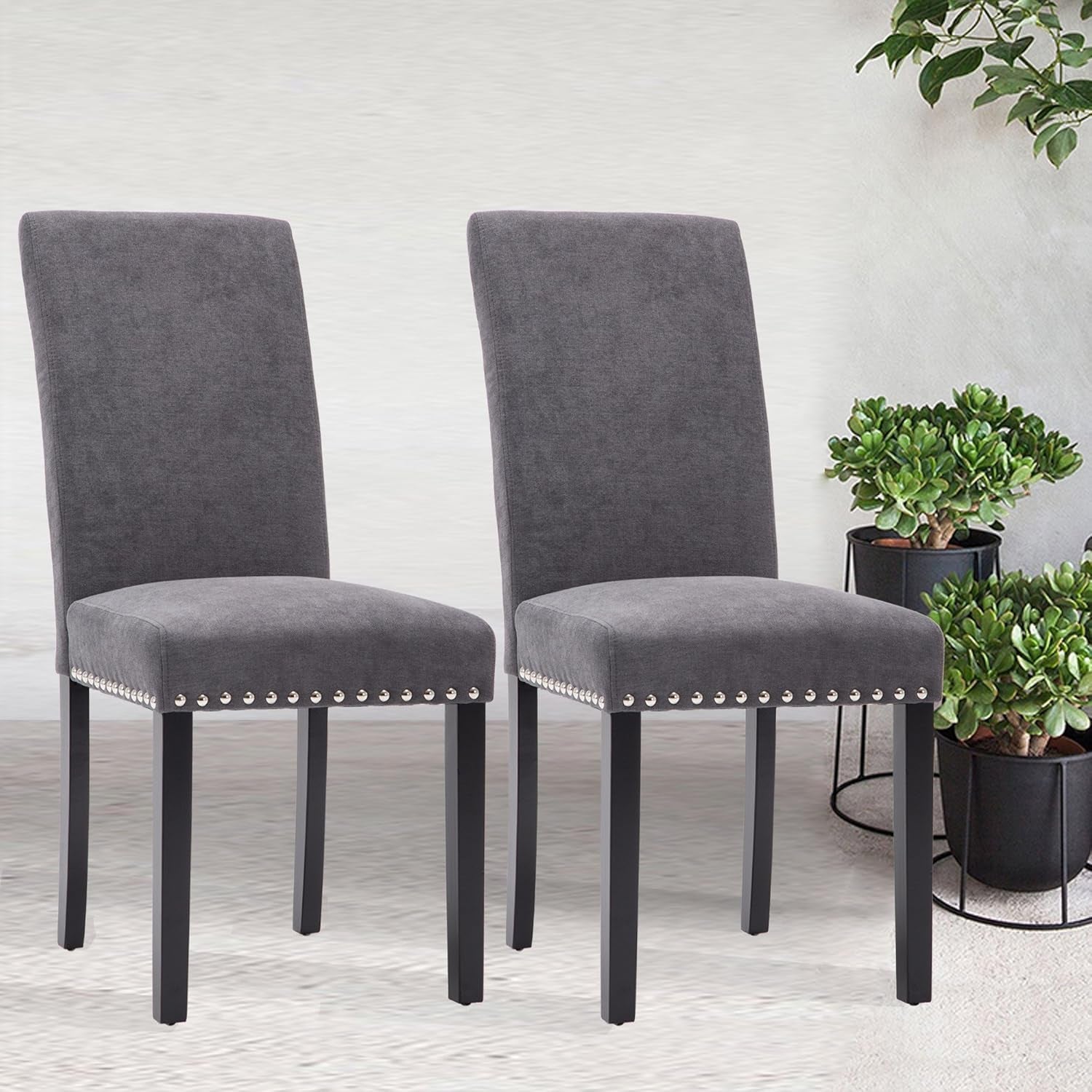 Grey Upholstered Dining Chairs With Copper Nailhead Trim