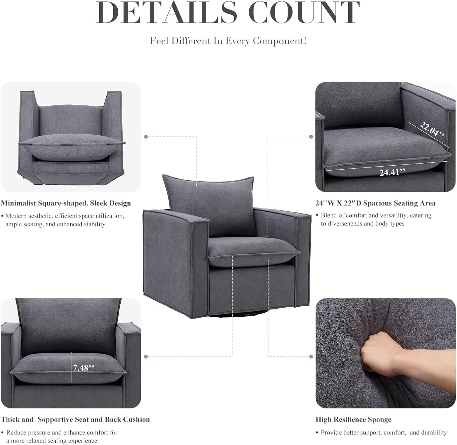 Grey Upholstered Swivel Armchair Twin Pack LivingRoom