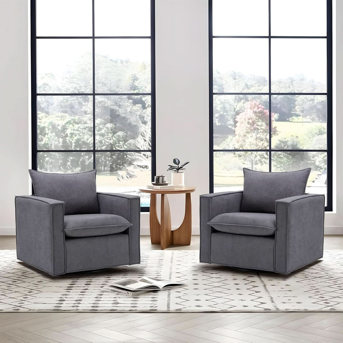 Grey Upholstered Swivel Armchair Twin Pack LivingRoom