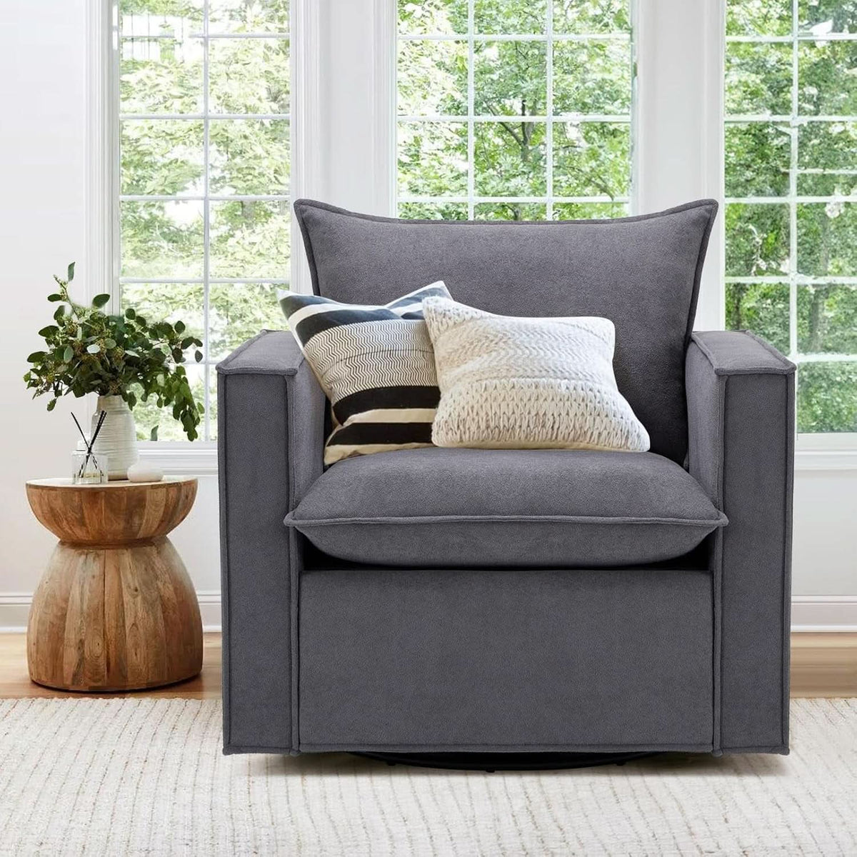 Grey Upholstered Swivel Armchair Twin Pack LivingRoom