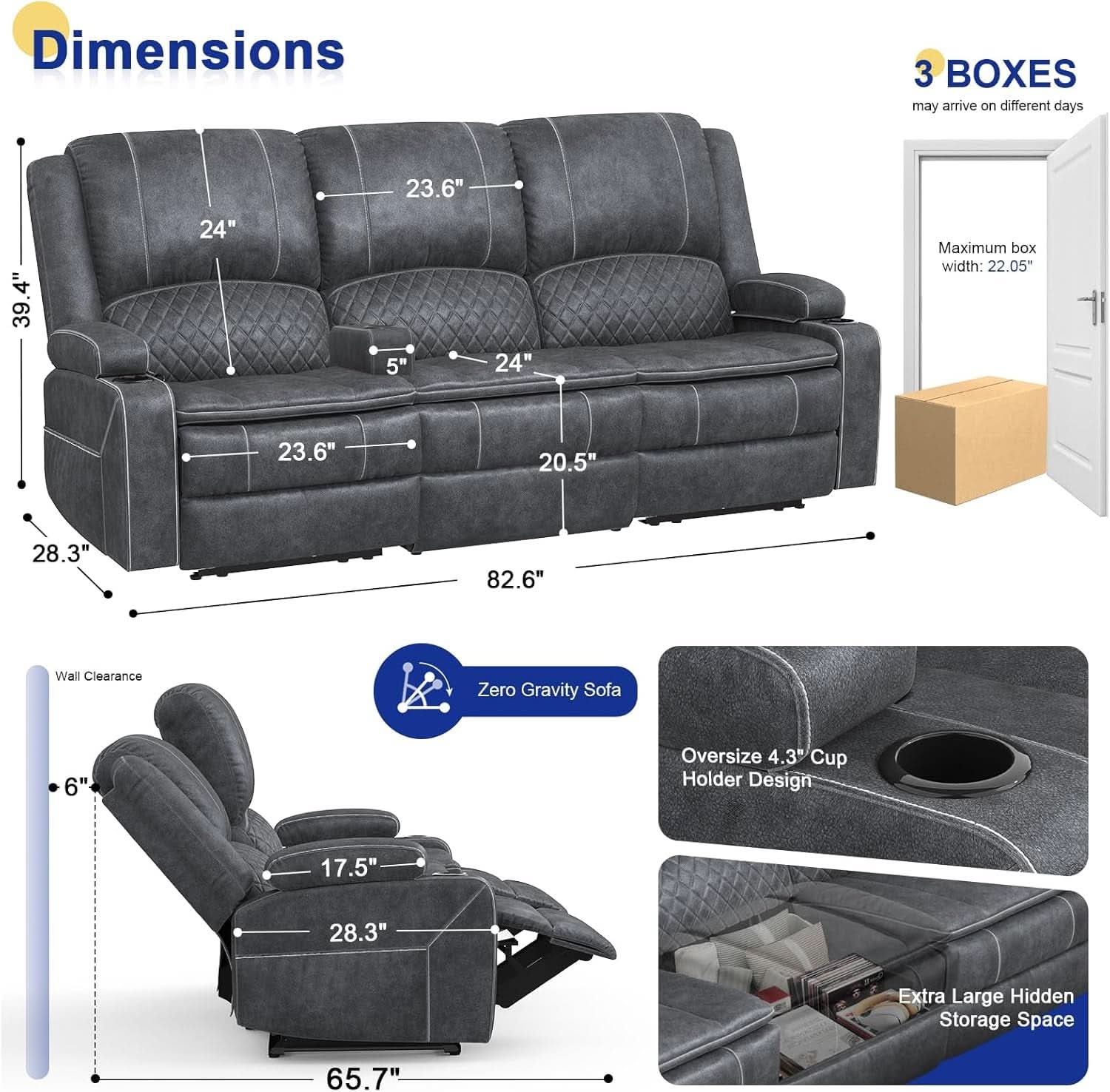 Grey Velvet 3 Seater Recliner Sofa With USB Ports Storage