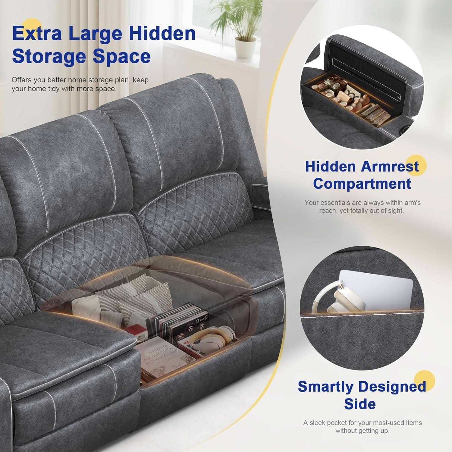 Grey Velvet 3 Seater Recliner Sofa With USB Ports Storage