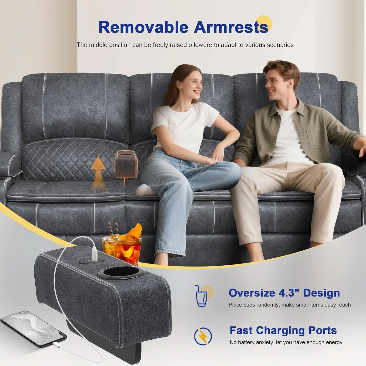 Grey Velvet 3 Seater Recliner Sofa With USB Ports Storage