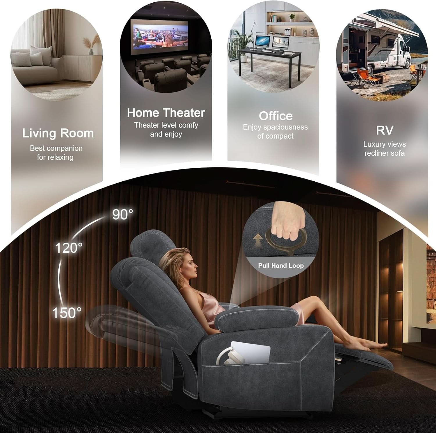 Grey Velvet 3 Seater Recliner Sofa With USB Ports Storage
