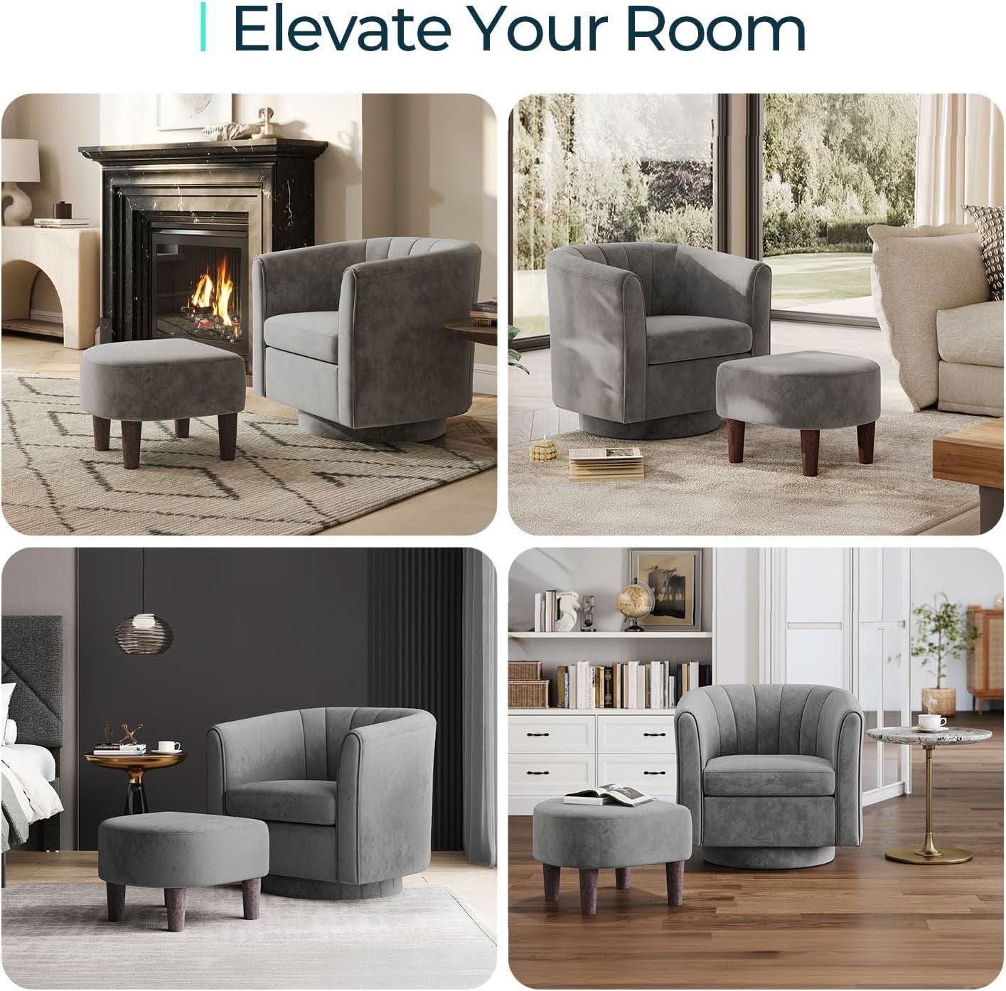 Grey Velvet 360 Swivel Armchair For Small Spaces Modern