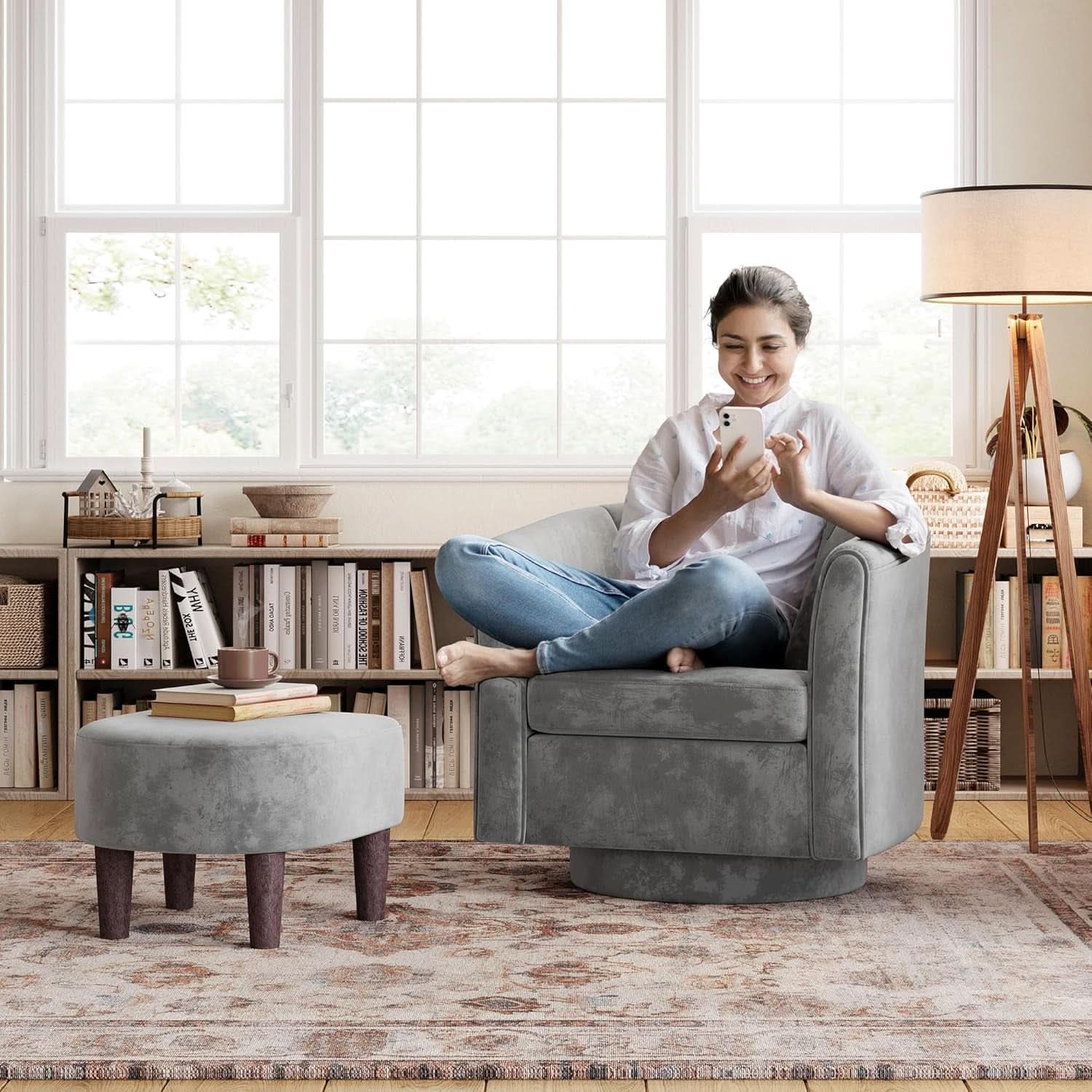 Grey Velvet 360 Swivel Armchair For Small Spaces Modern