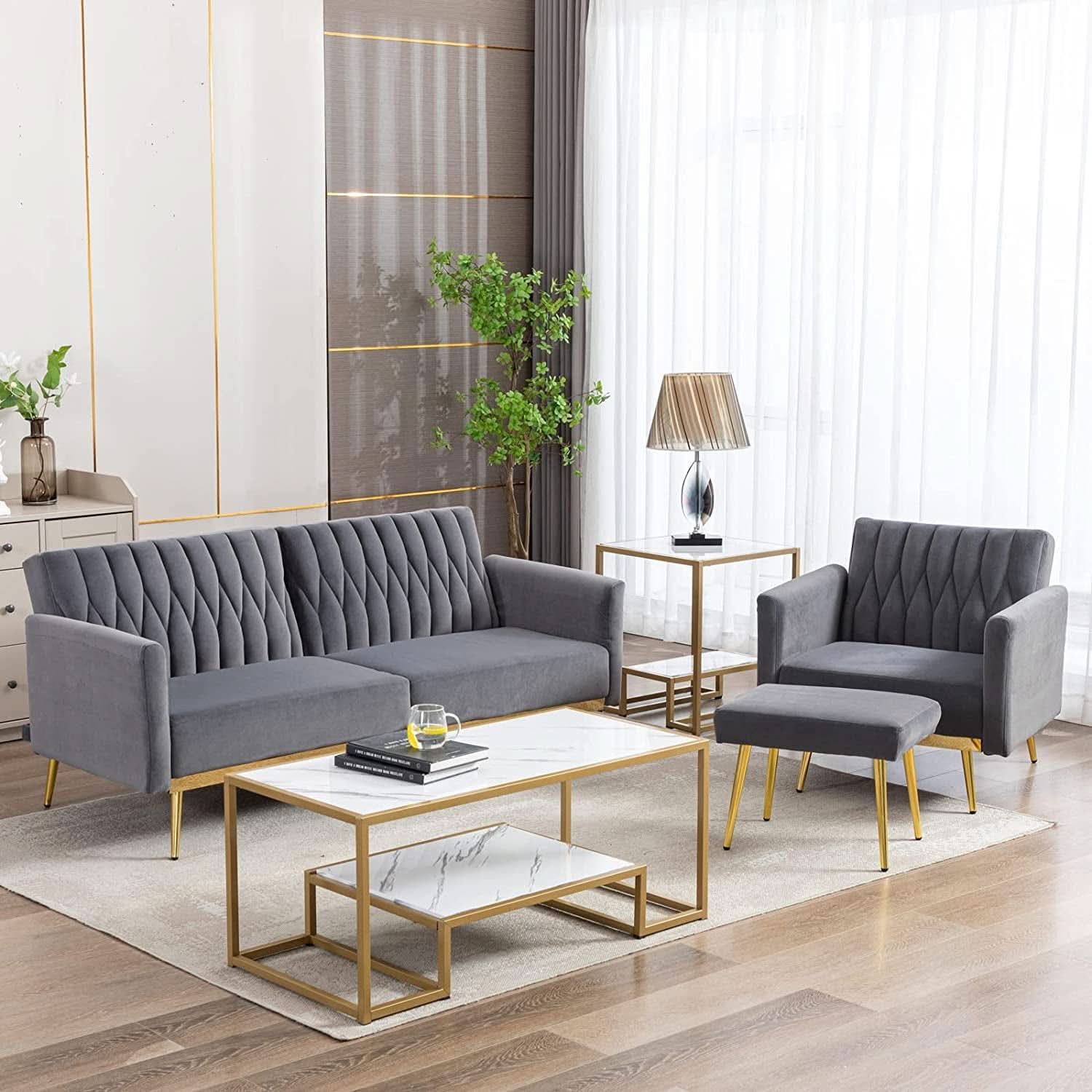 Grey Velvet Accent Chair With Ottoman And Armrests
