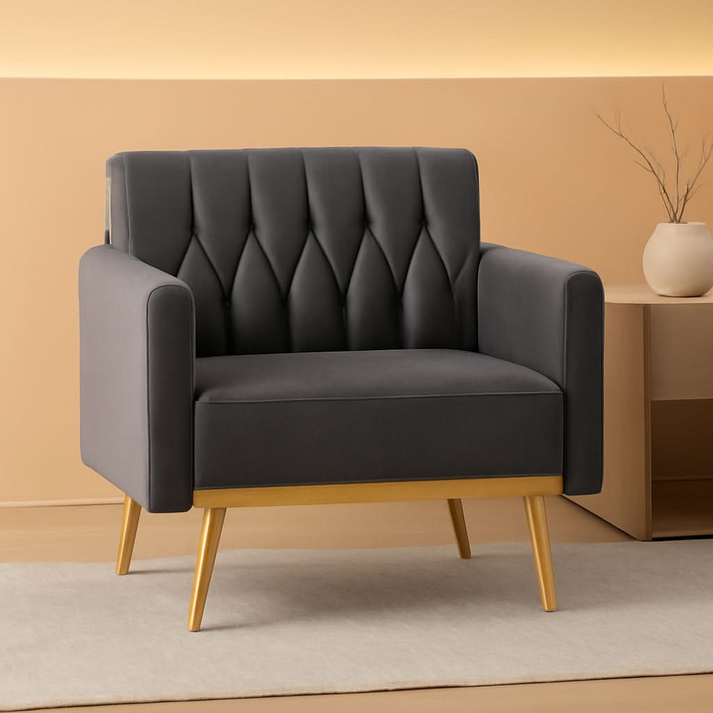 Grey Velvet Accent Chair With Ottoman And Armrests
