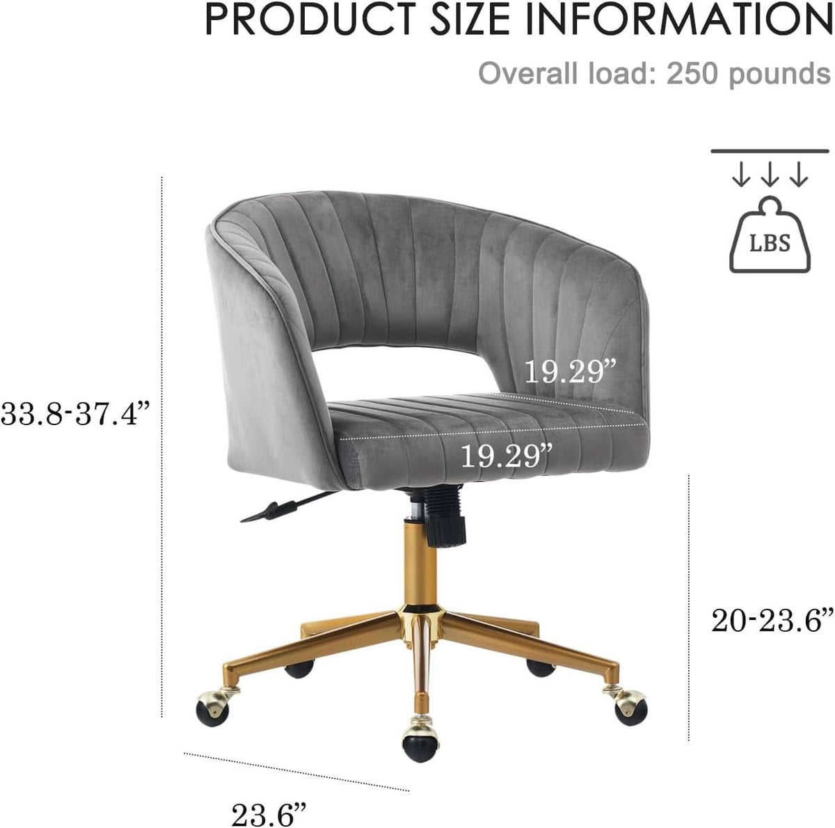 Grey Velvet Home Office Chair With 360 Swivel And Gold Base