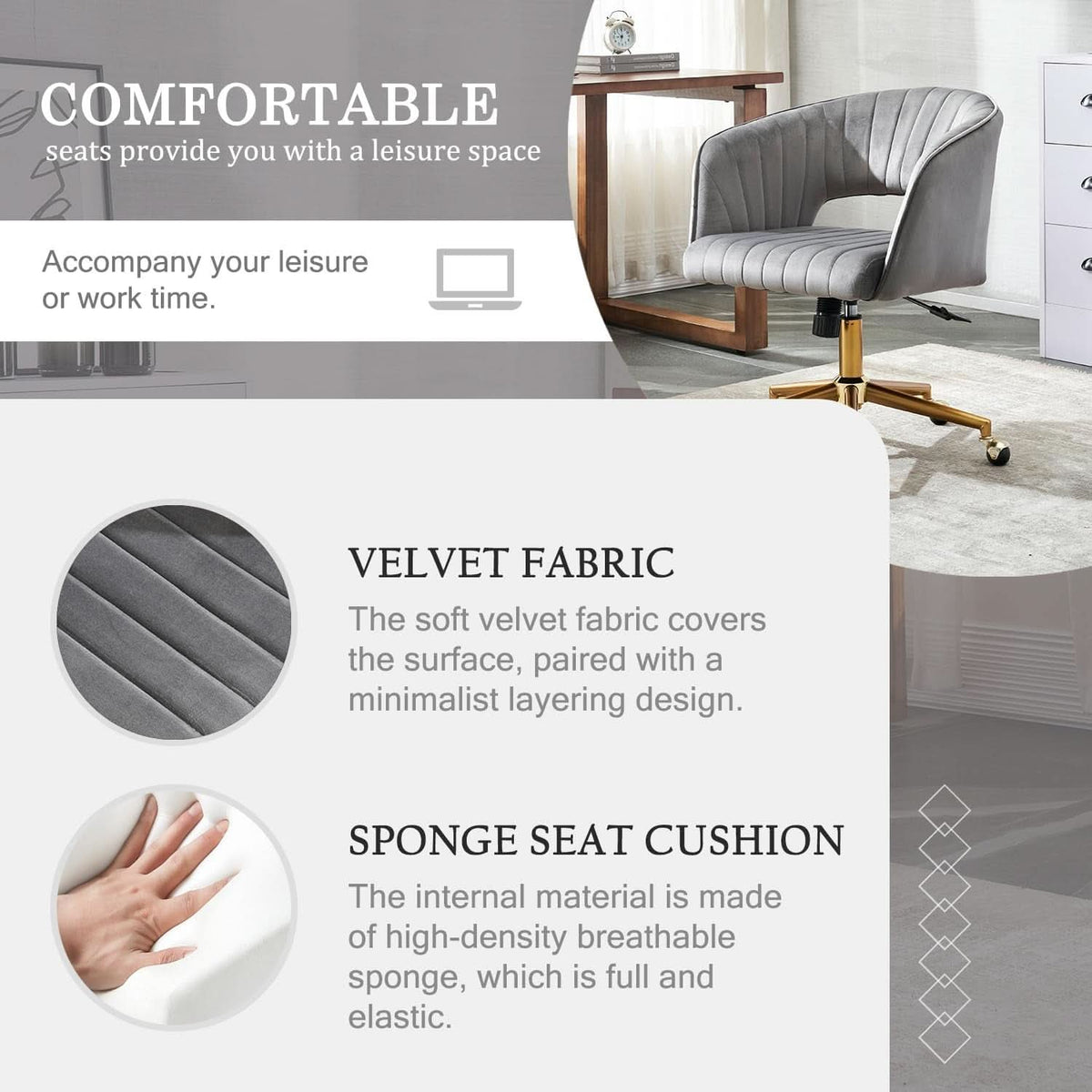 Grey Velvet Home Office Chair With 360 Swivel And Gold Base