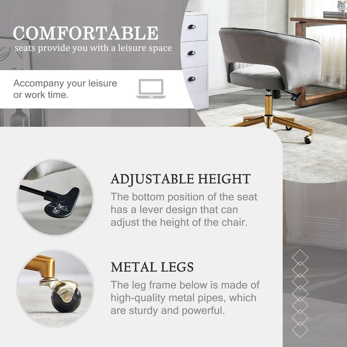 Grey Velvet Home Office Chair With 360 Swivel And Gold Base