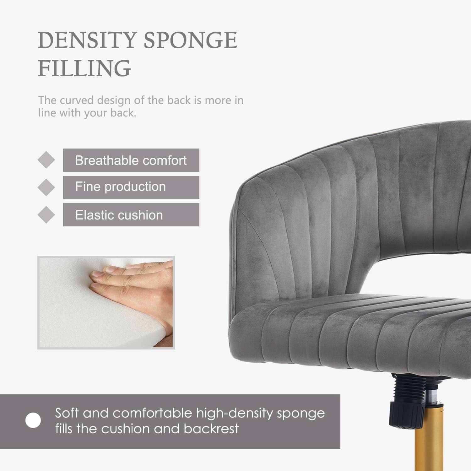 Grey Velvet Home Office Chair With 360 Swivel And Gold Base