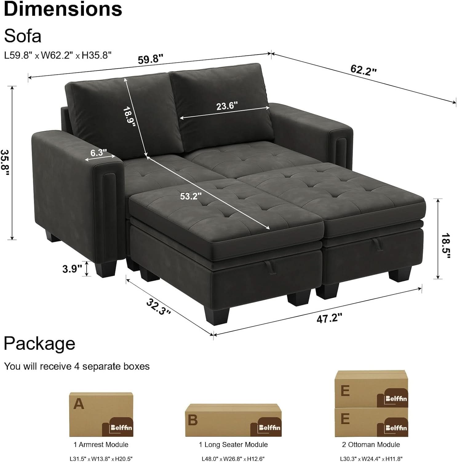 Grey Velvet Modular Sectional Sofa With Storage And Sleeper