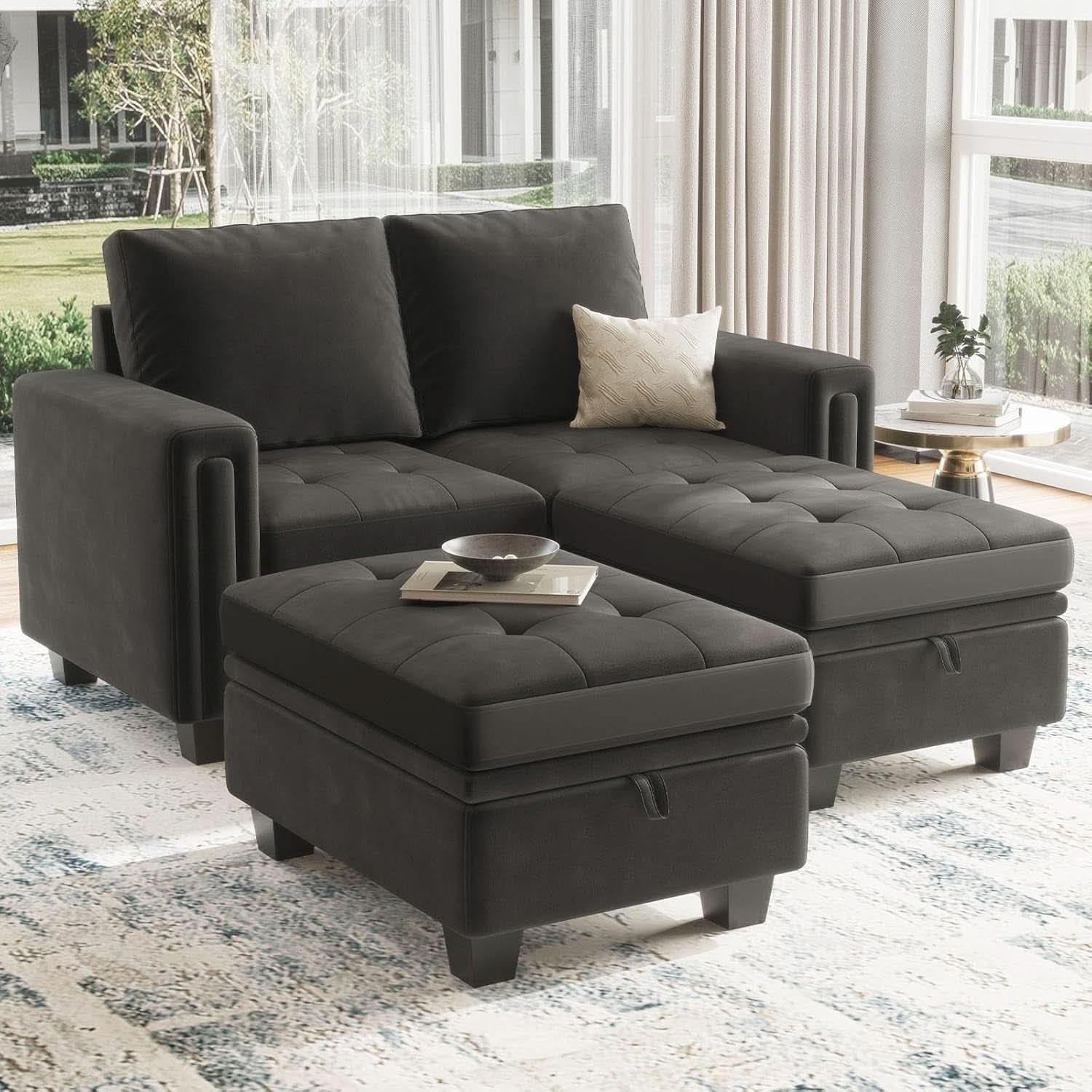 Grey Velvet Modular Sectional Sofa With Storage And Sleeper