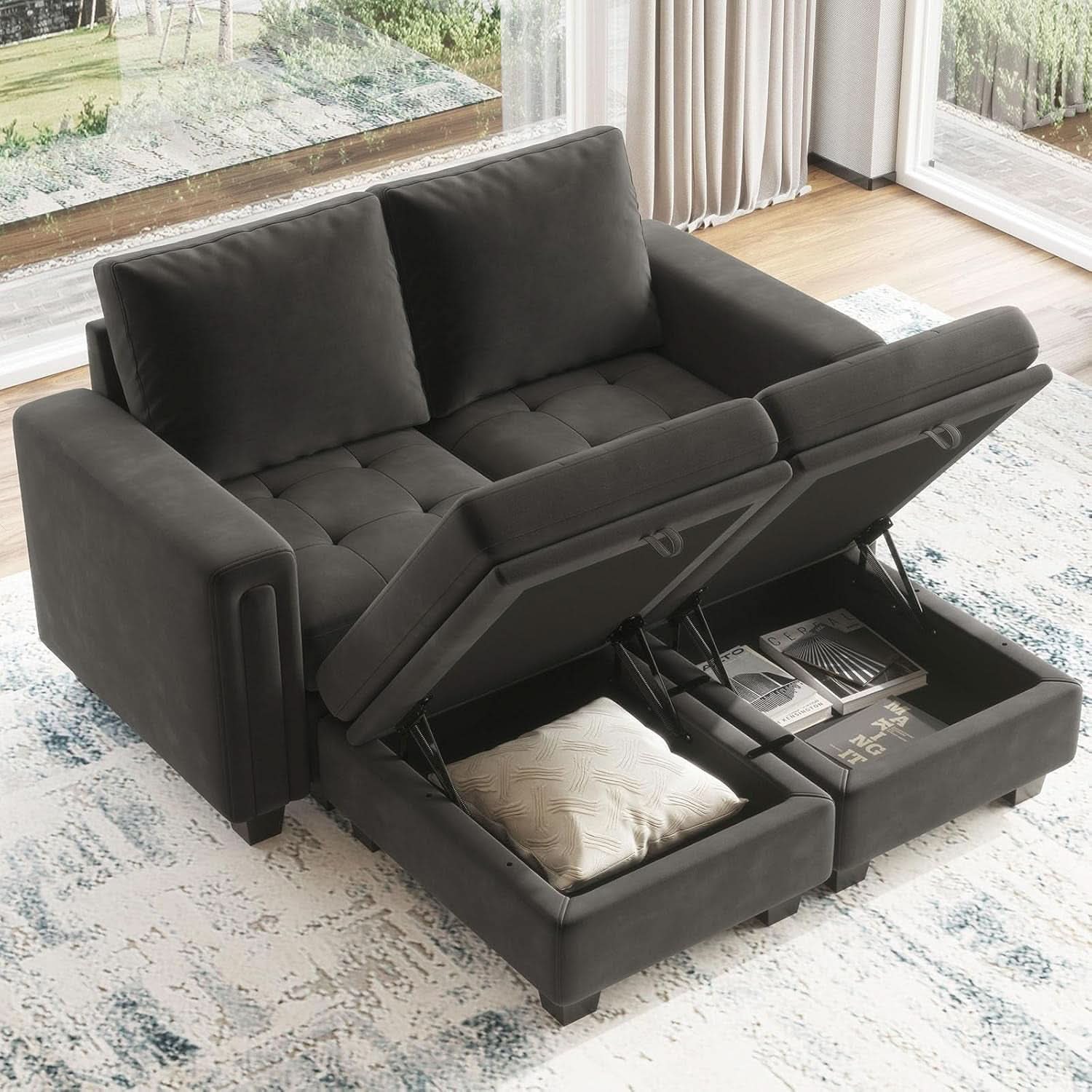 Grey Velvet Modular Sectional Sofa With Storage And Sleeper