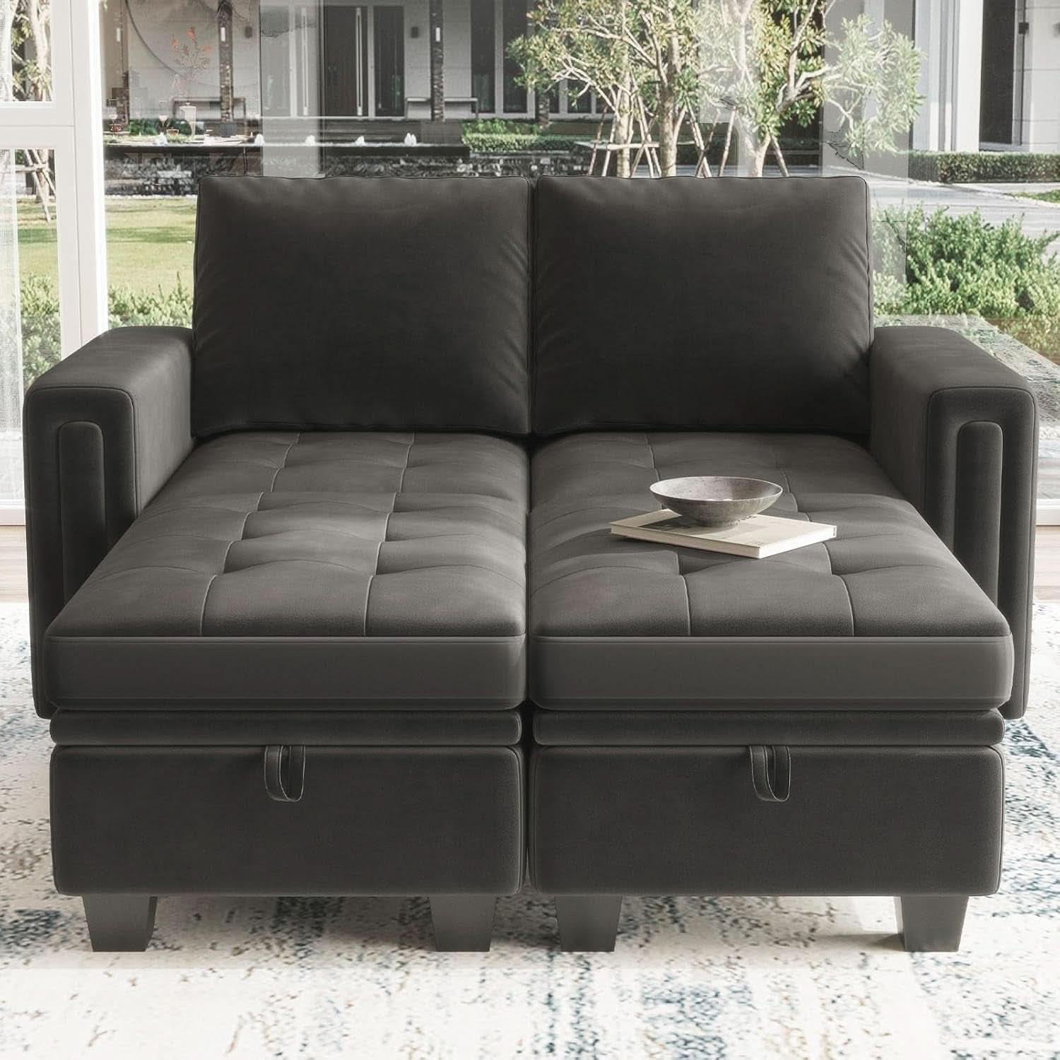 Grey Velvet Modular Sectional Sofa With Storage And Sleeper