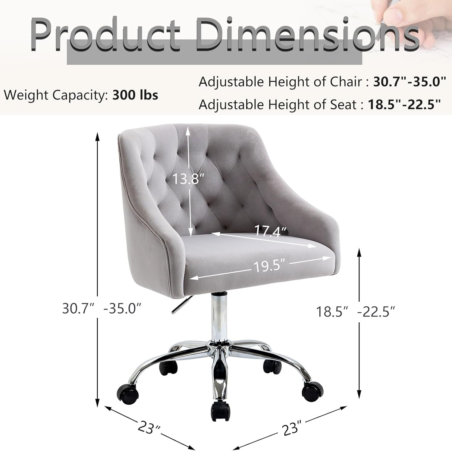 Grey Velvet Office Swivel Chair With 360 Degree Rotation