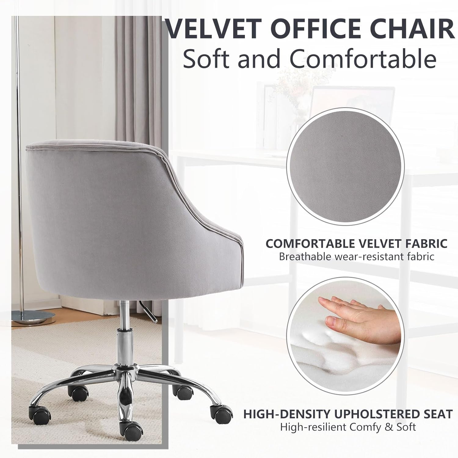 Grey Velvet Office Swivel Chair With 360 Degree Rotation
