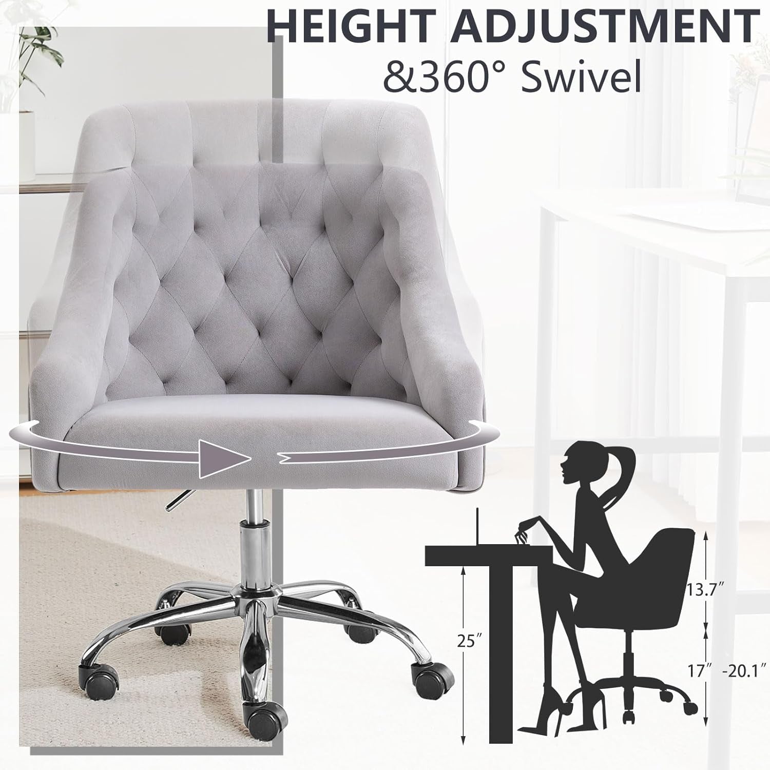 Grey Velvet Office Swivel Chair With 360 Degree Rotation