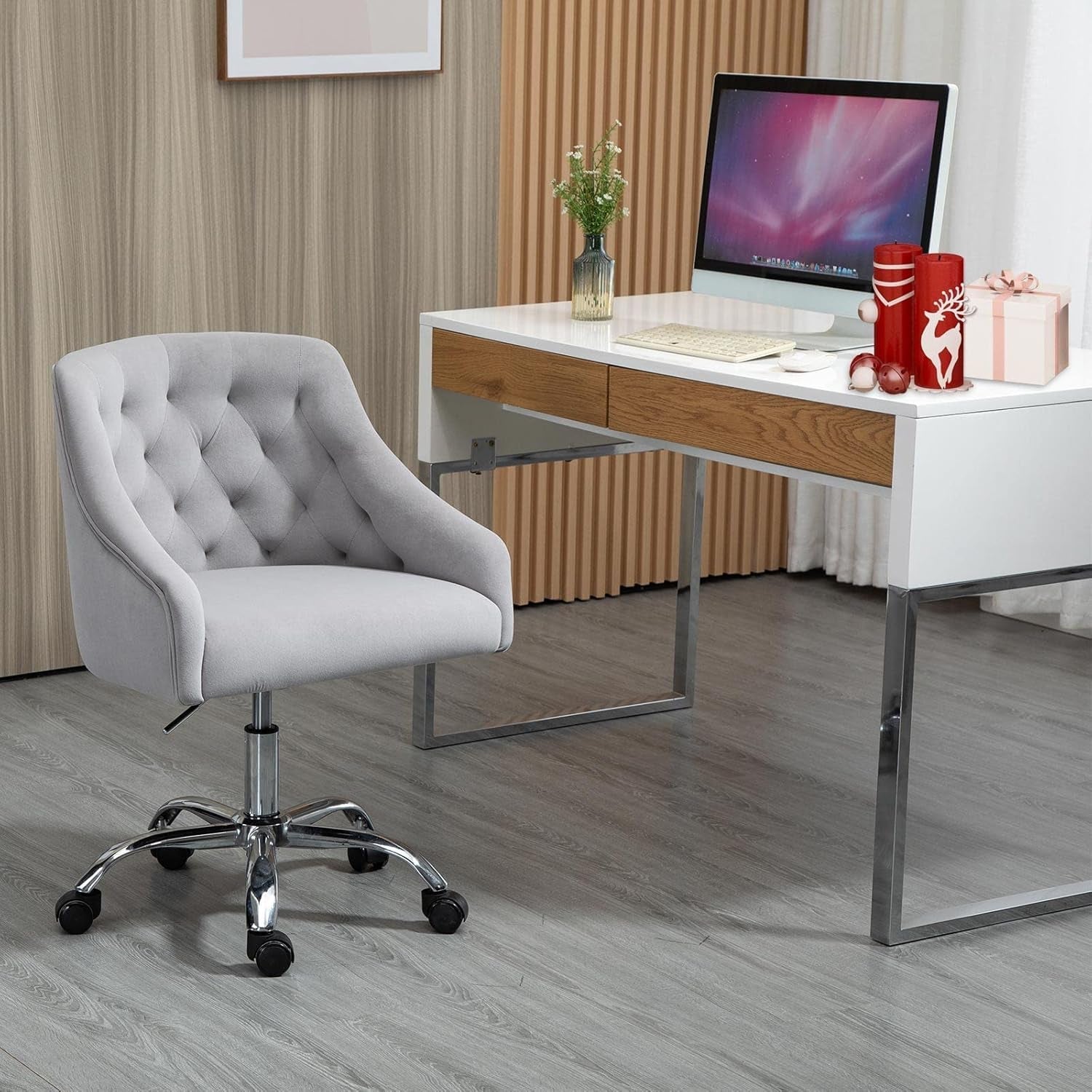 Grey Velvet Office Swivel Chair With 360 Degree Rotation