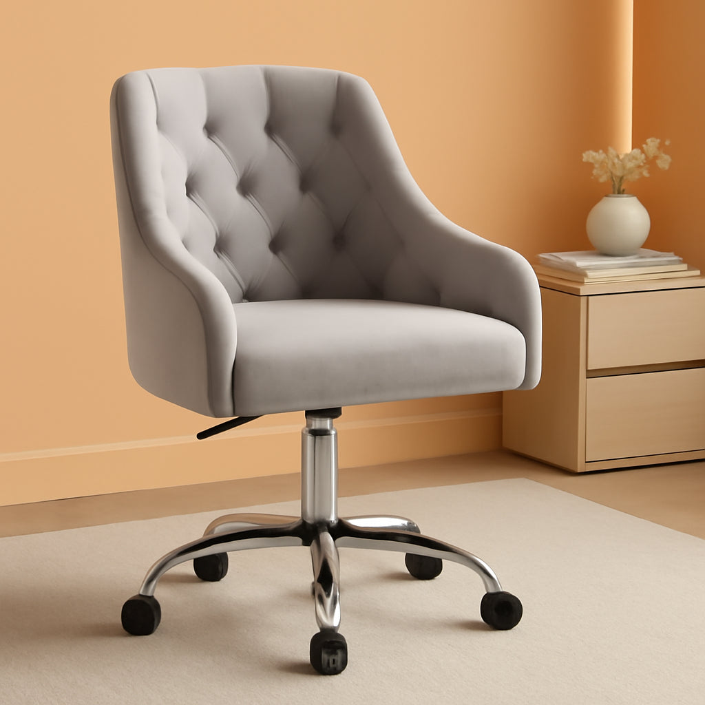 Grey Velvet Office Swivel Chair With 360 Degree Rotation