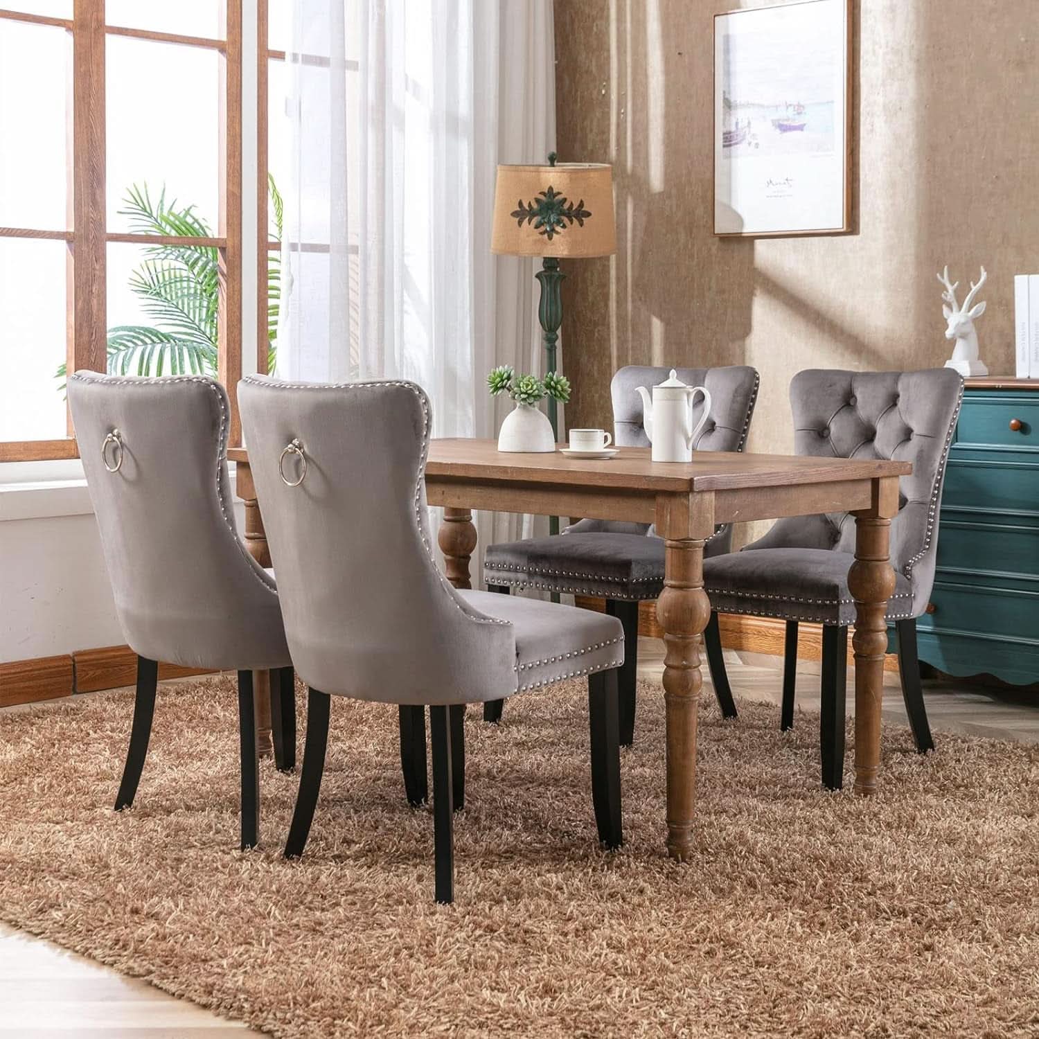 Grey Velvet Tufted Dining Chairs 4 Pack With Nailhead Trim