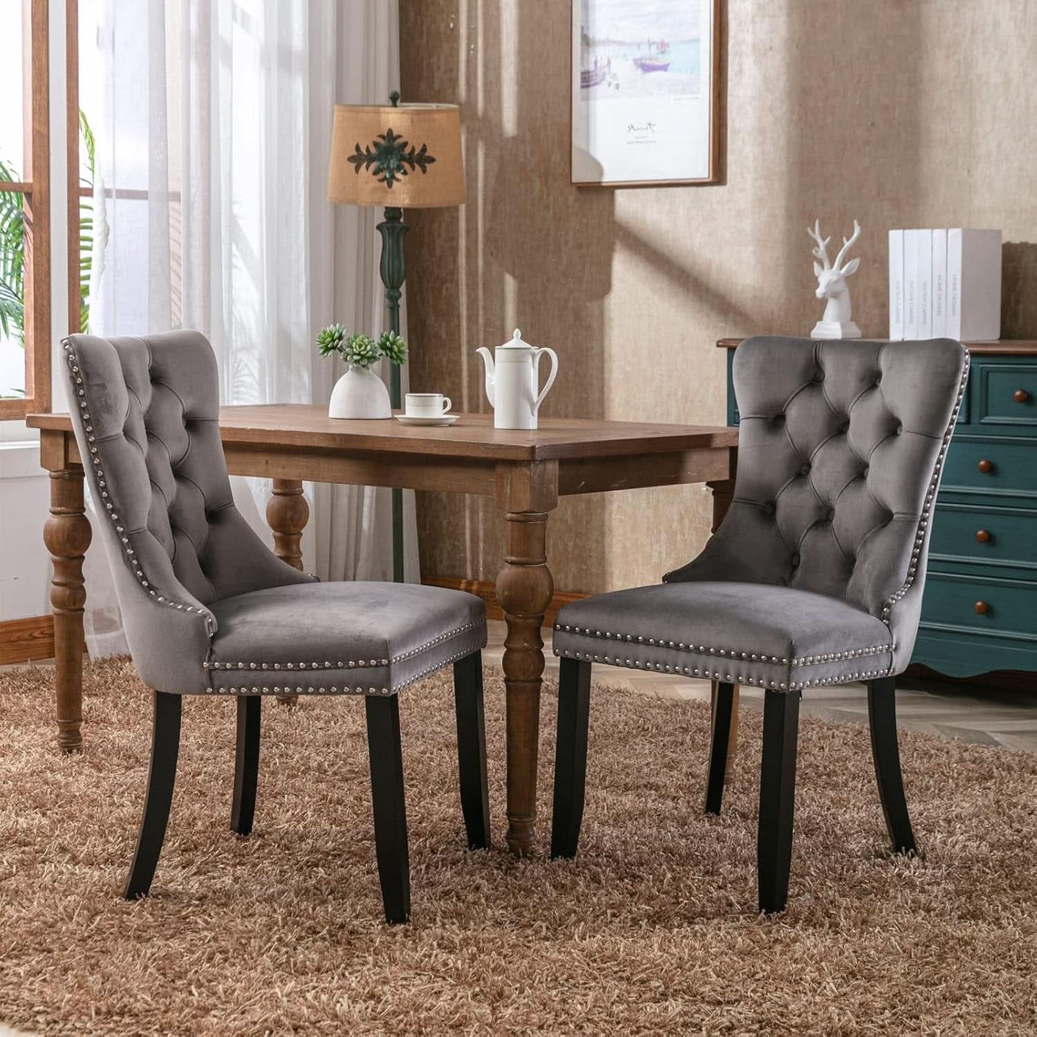 Grey Velvet Tufted Dining Chairs 4 Pack With Nailhead Trim