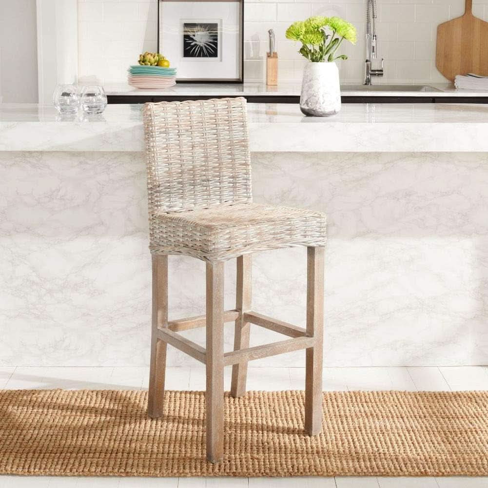 Grey Wash Rattan 30 Inch Bar Stool With Parsons Legs