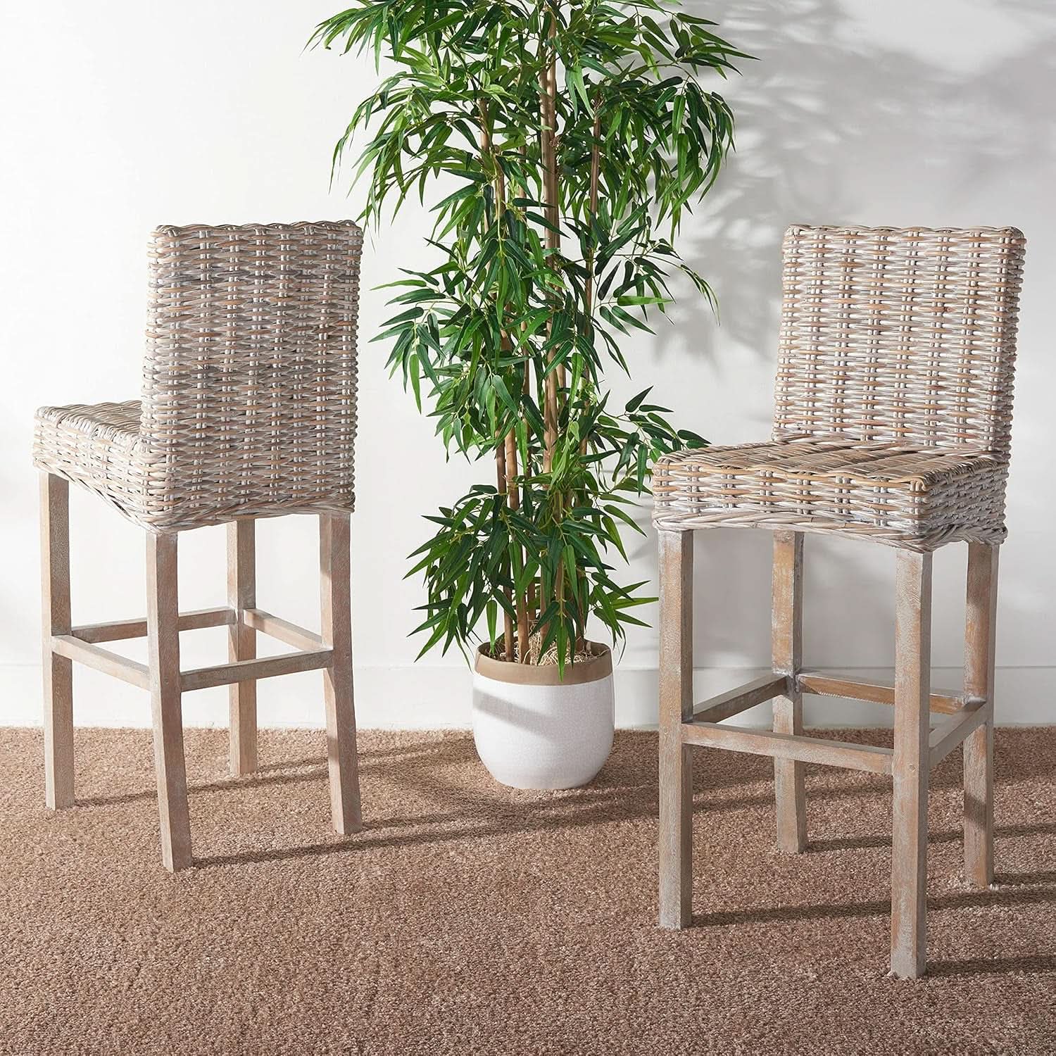 Grey Wash Rattan 30 Inch Bar Stool With Parsons Legs