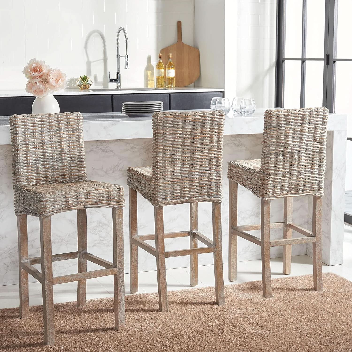 Grey Wash Rattan 30 Inch Bar Stool With Parsons Legs