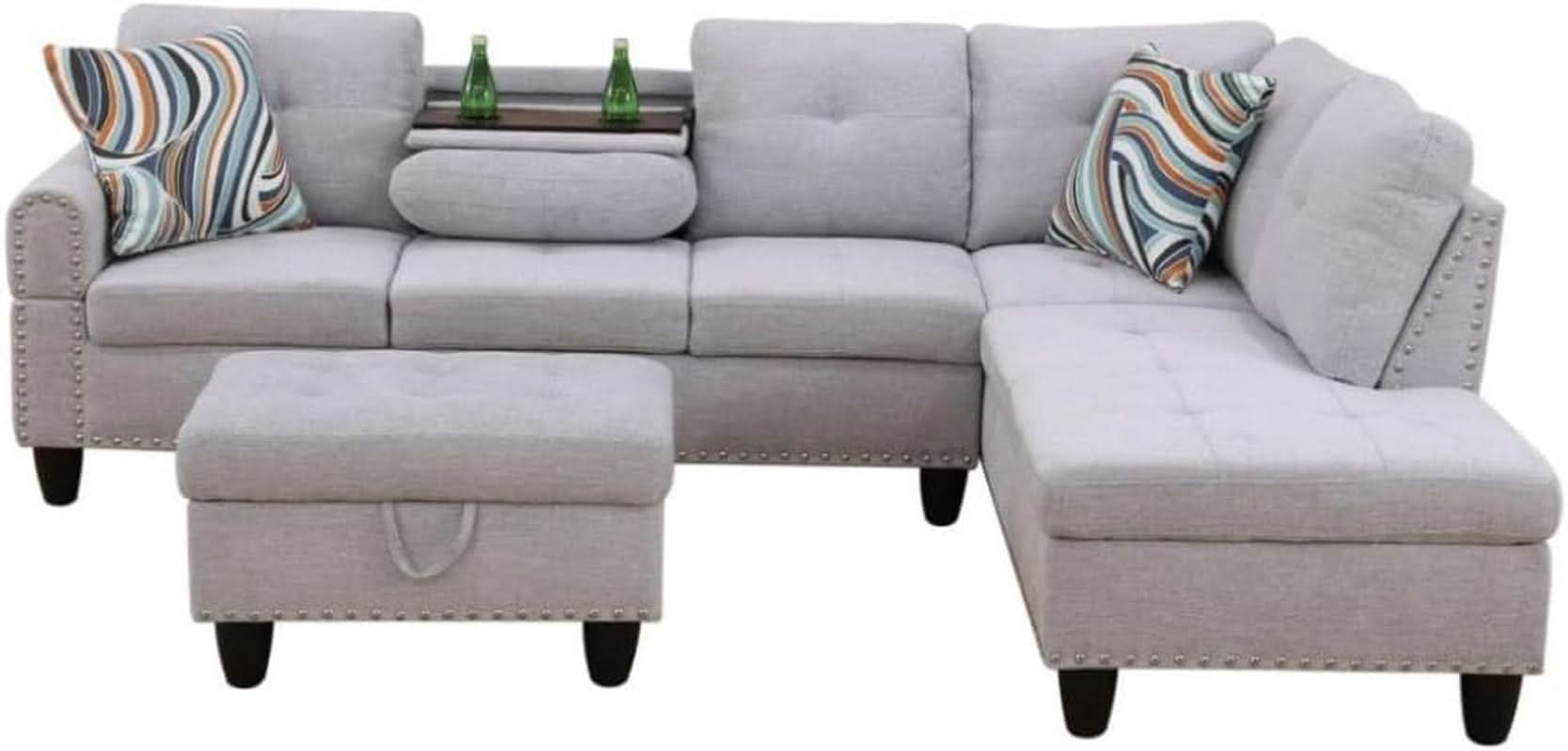 Grey White Flannel L Shaped Sectional Sofa With Ottoman