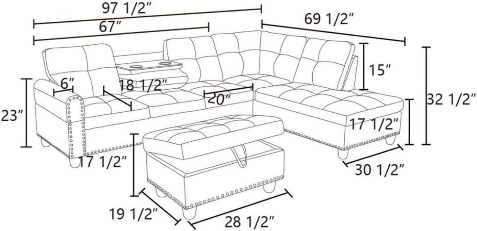 Grey White Flannel L Shaped Sectional Sofa With Ottoman