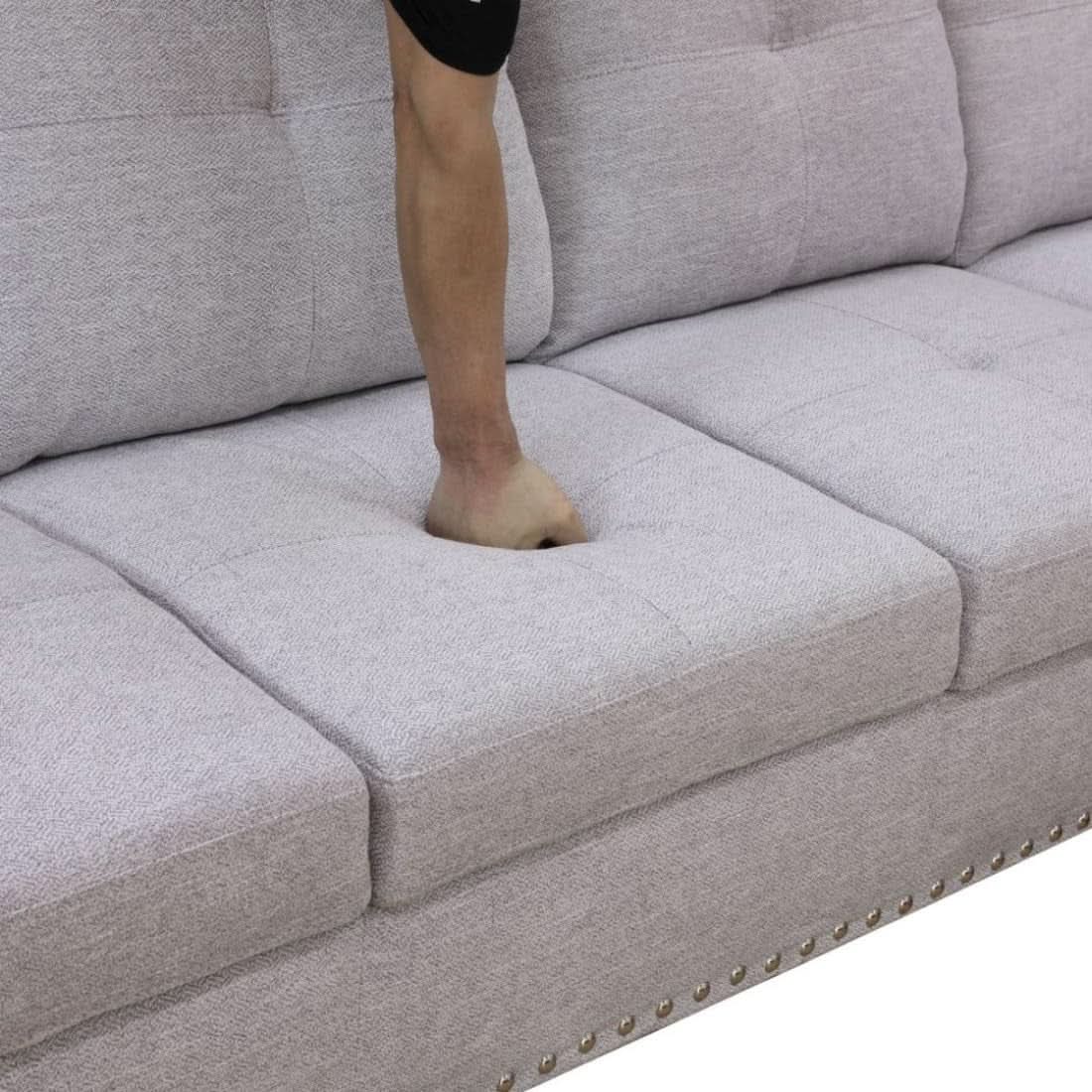 Grey White Flannel L Shaped Sectional Sofa With Ottoman