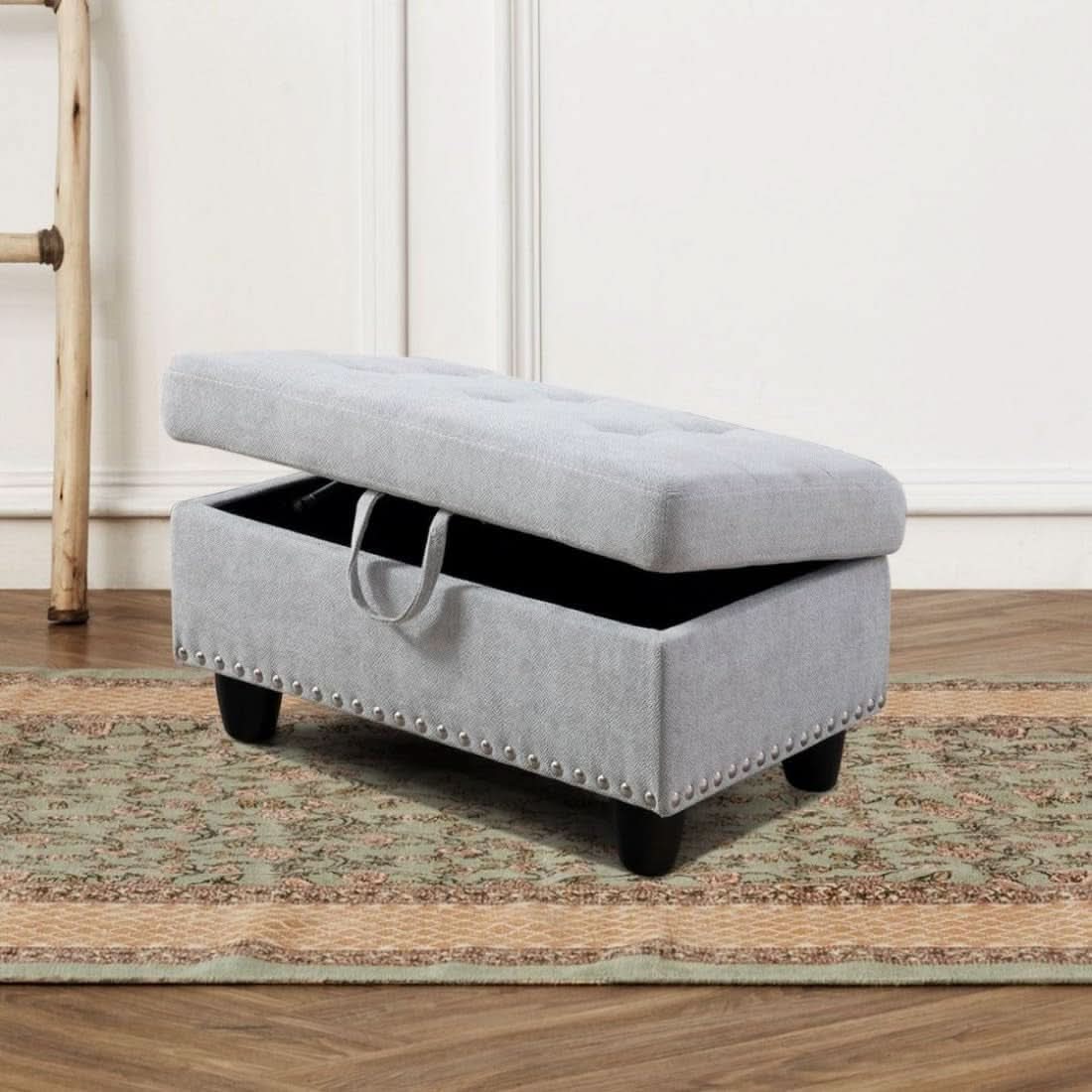 Grey White Flannel L Shaped Sectional Sofa With Ottoman
