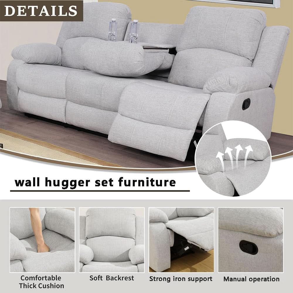 Grey White Microfiber Leather Recliner Sofa Set Living Room