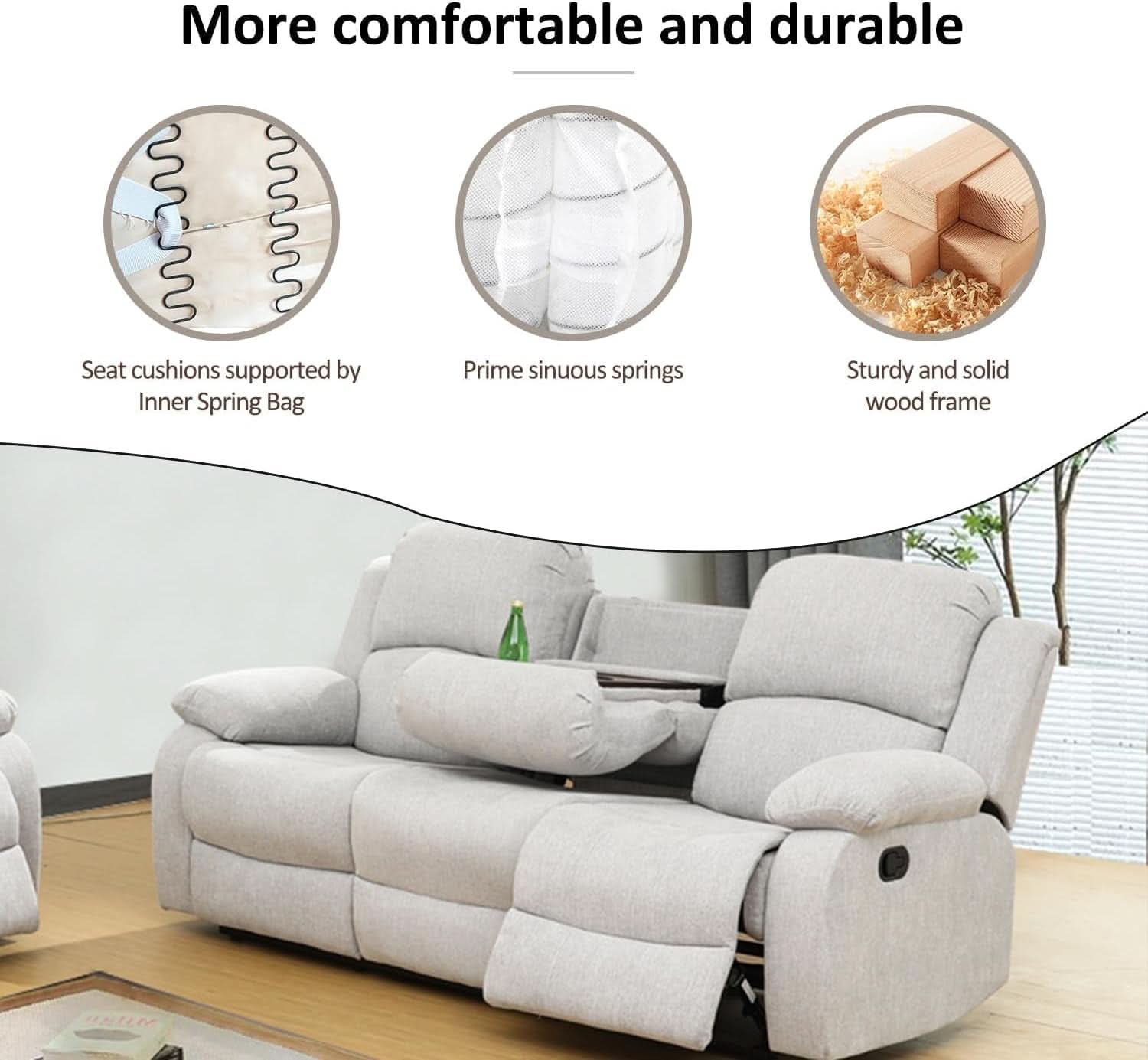 Grey White Microfiber Leather Recliner Sofa Set Living Room