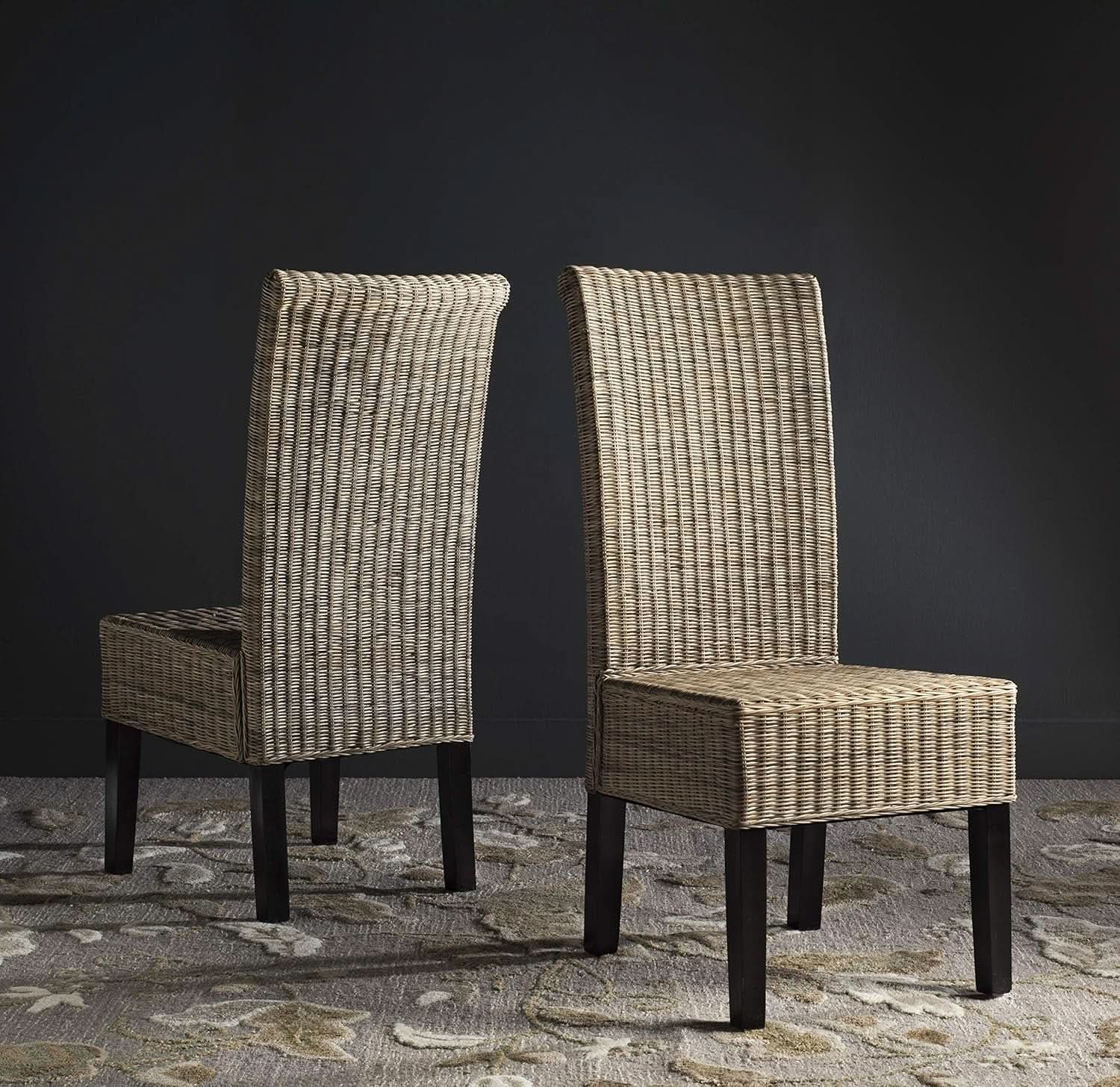 Grey Wicker Dining Chair 18 Inch Rattan Cotton Upholstery
