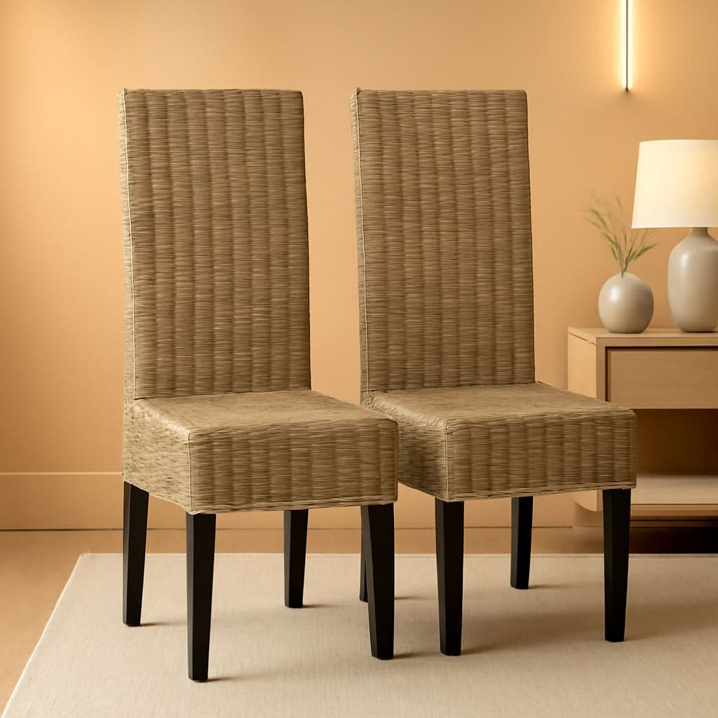 Grey Wicker Dining Chair 18 Inch Rattan Cotton Upholstery