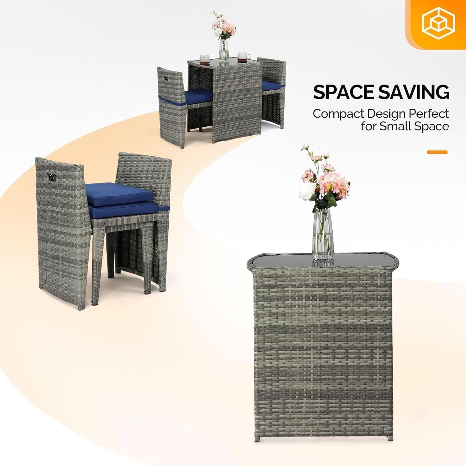 Grey Wicker Outdoor Patio Bistro Set With Glass Table