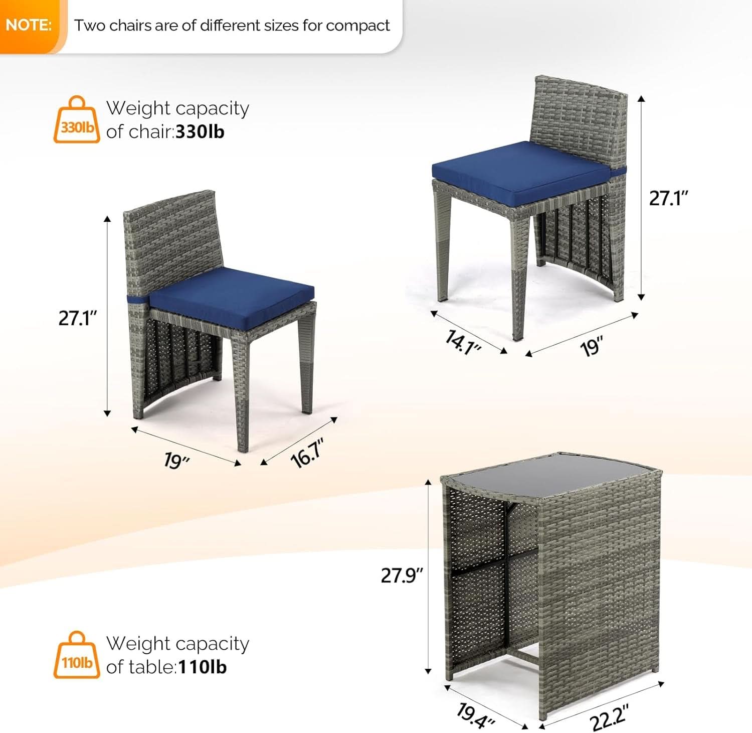 Grey Wicker Outdoor Patio Bistro Set With Glass Table