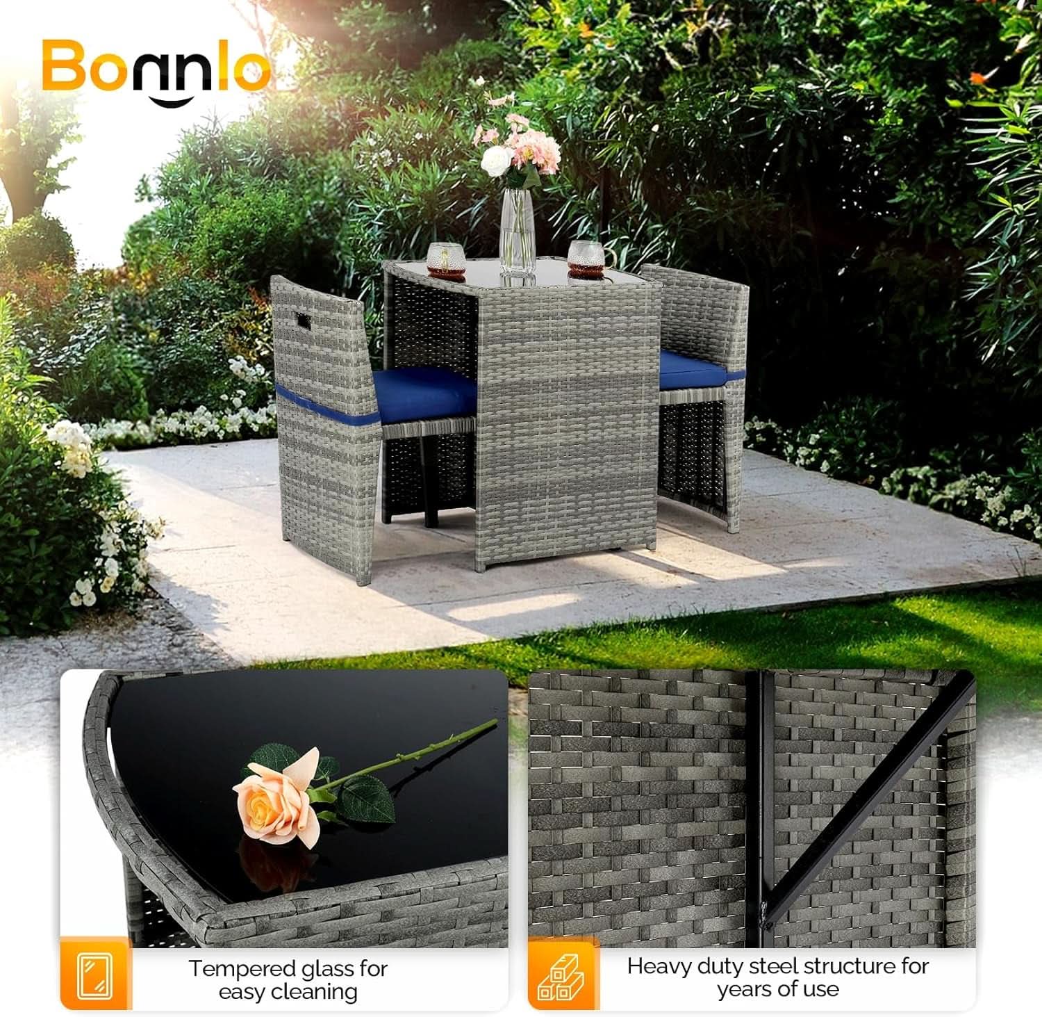 Grey Wicker Outdoor Patio Bistro Set With Glass Table