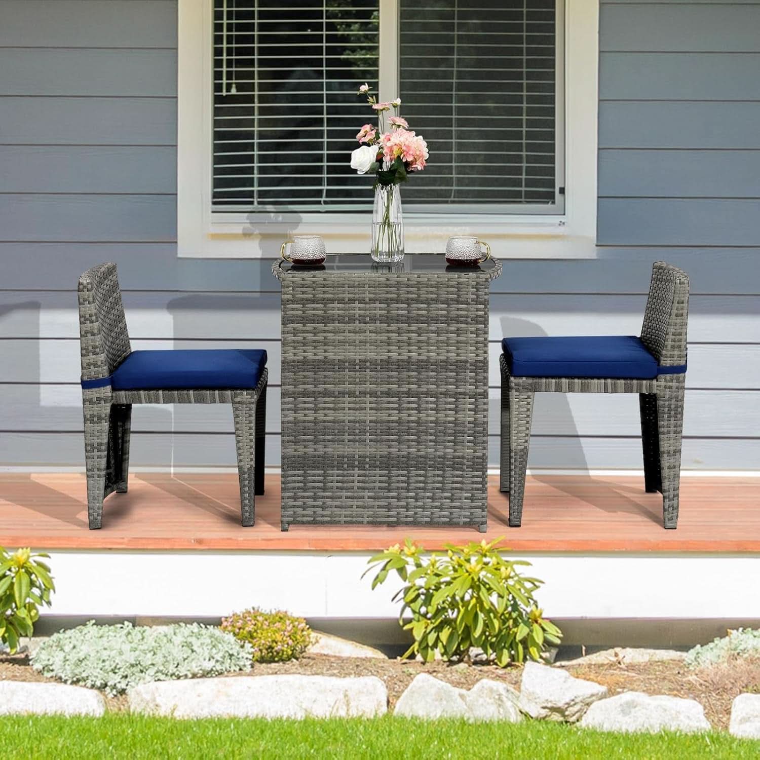 Grey Wicker Outdoor Patio Bistro Set With Glass Table