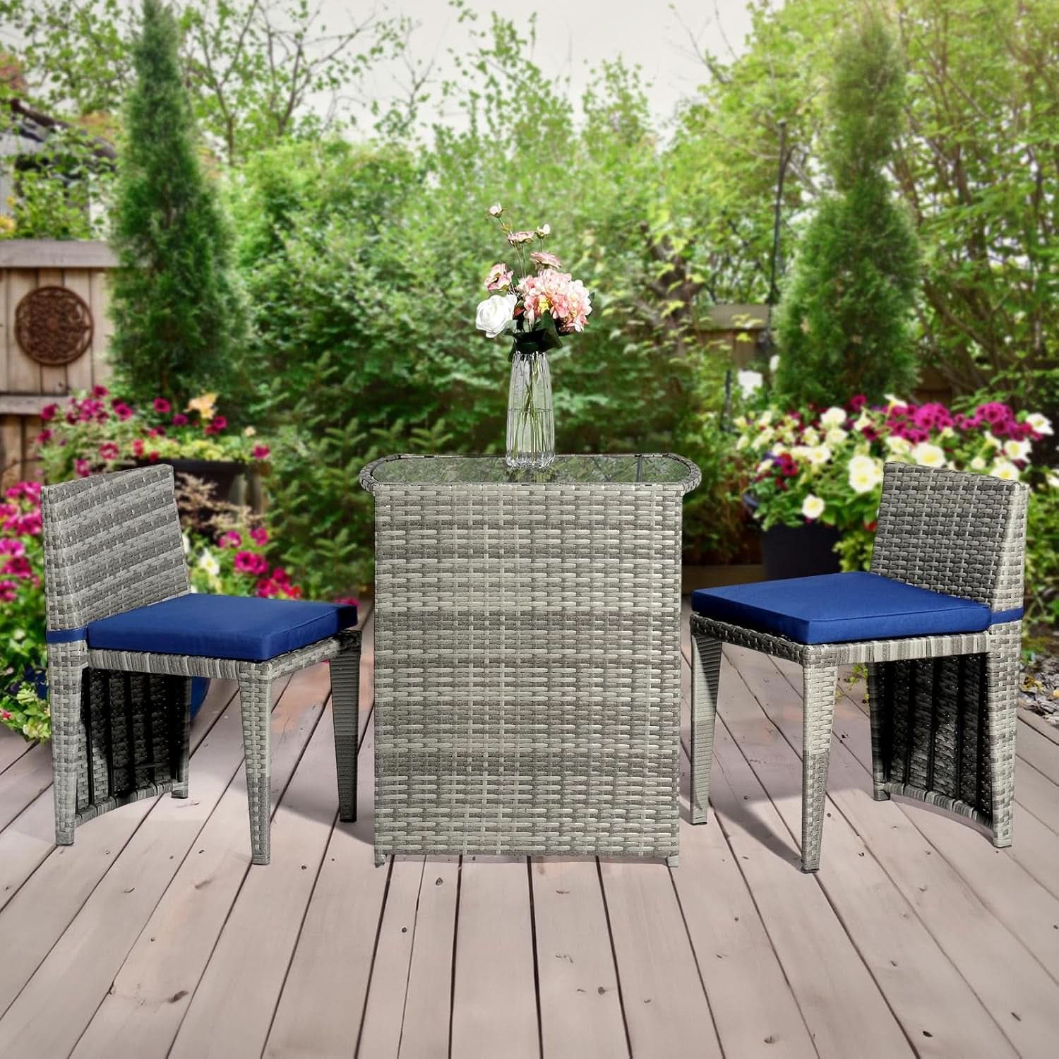 Grey Wicker Outdoor Patio Bistro Set With Glass Table