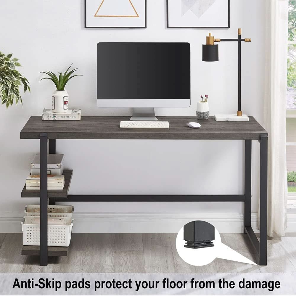 Grey Wood Rustic Industrial Computer Desk With Two Shelves